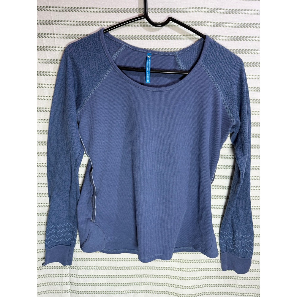 KUHL Womens Thermal Waffle Knit Shirt Blue Raglan Sleeve Embroidered Top Size M